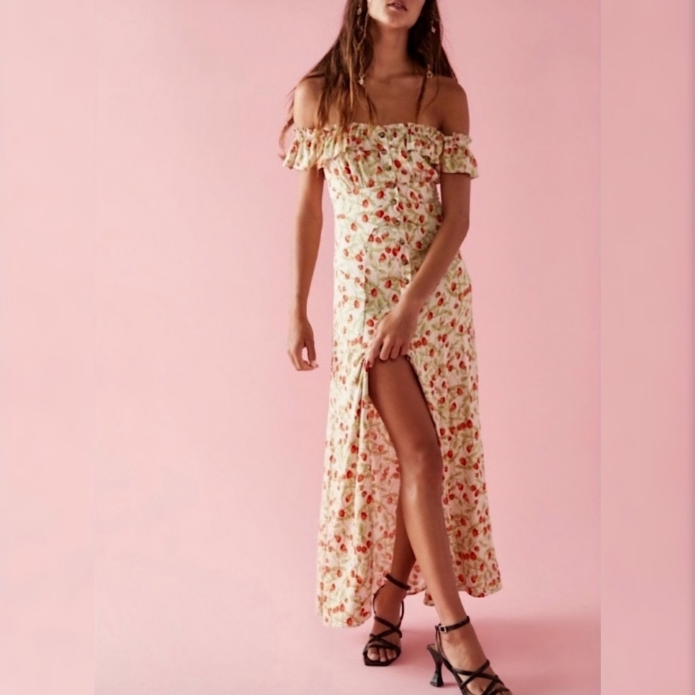 Free People She's A Dream Strawberry Print Off Shoulder Maxi Dress Women's